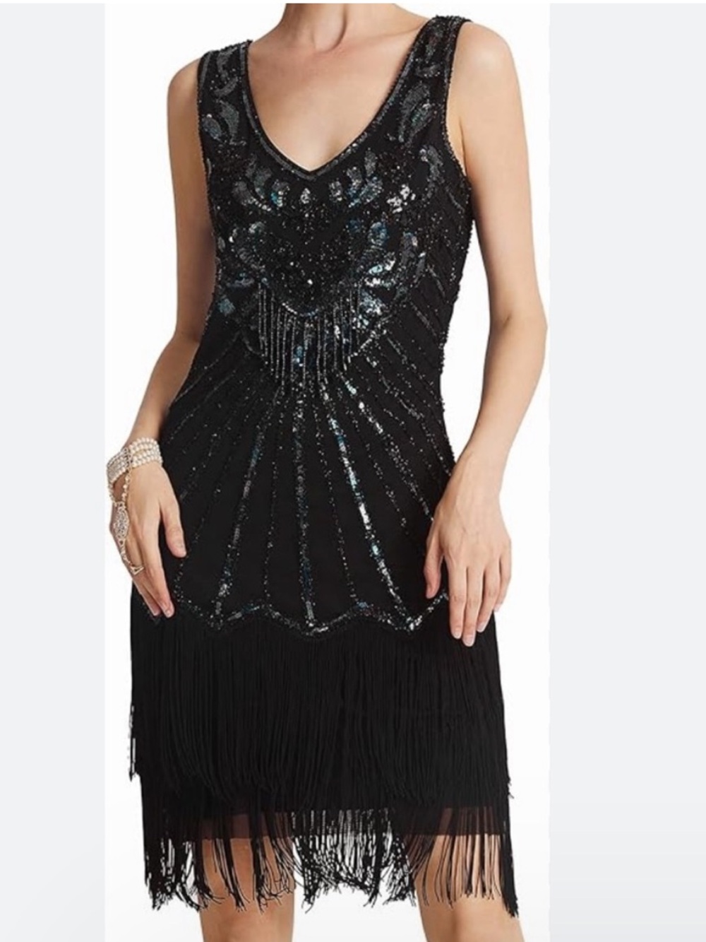 BABEYOND Flapper Dresses 1920s V Neck Beaded Fringed Dress Great Gatsby Large